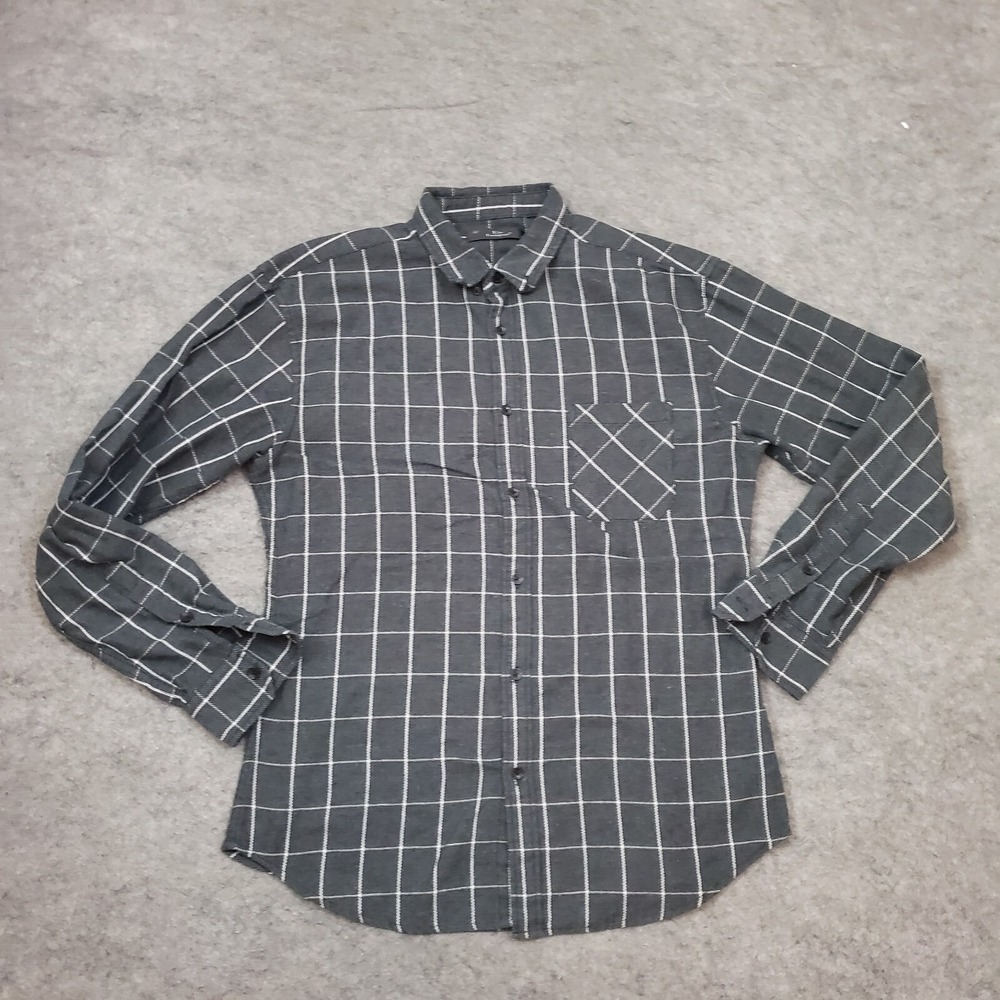 Emiqude Shirt Mens Medium Gray Button Up Long Sleeve‎ Check Collard Casual Adult